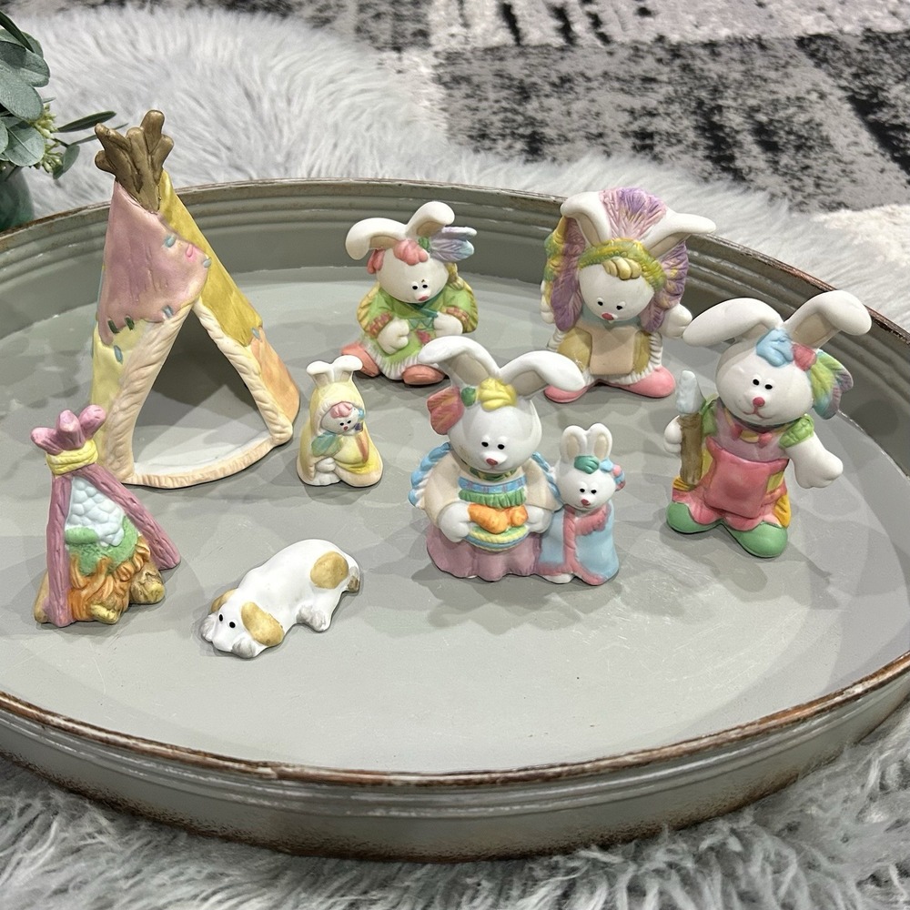 Easter Bunny Family VTG 1995 Ceramic Bisque Figurine Set Indian Native American